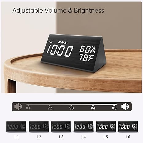 Luminellen-Digital Alarm Clock, with Wooden Electronic LED Time Display, 3 Alarm Settings, Humidity & Temperature Detect, Wood Made Electric Clocks for Bedroom, Bedside (Black)