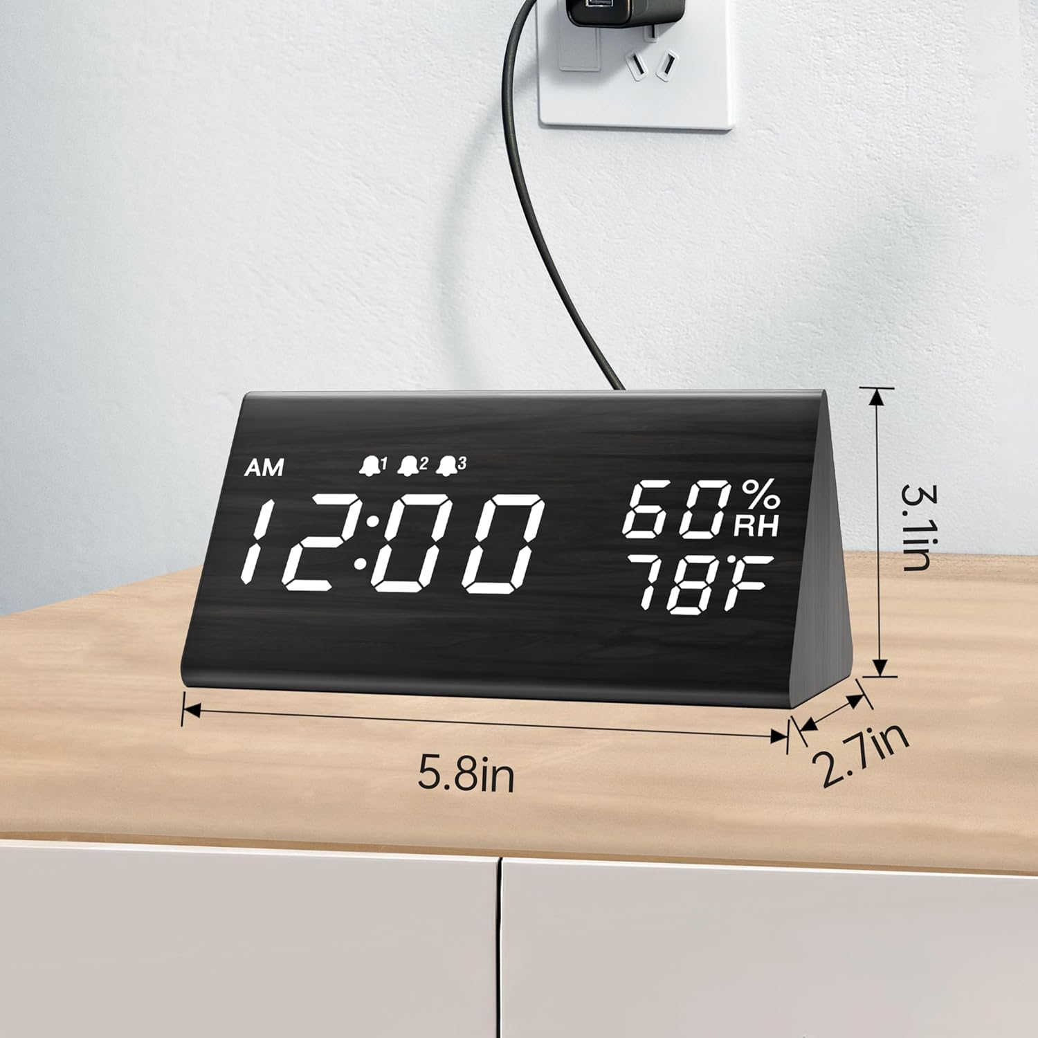 Luminellen-Digital Alarm Clock, with Wooden Electronic LED Time Display, 3 Alarm Settings, Humidity & Temperature Detect, Wood Made Electric Clocks for Bedroom, Bedside (Black)