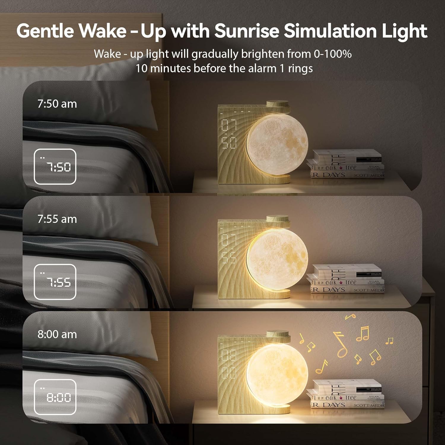 Luminellen-Moon Sunrise Wake-Up Alarm Clock with RGB Ambient Light and Dual Alarms