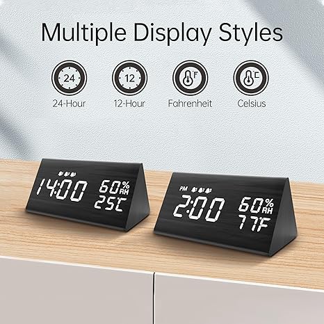 Luminellen-Digital Alarm Clock, with Wooden Electronic LED Time Display, 3 Alarm Settings, Humidity & Temperature Detect, Wood Made Electric Clocks for Bedroom, Bedside (Black)