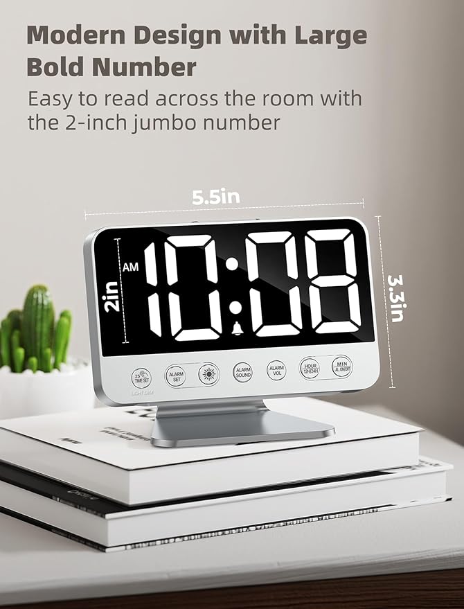 Luminellen-Digital Alarm Clocks for Bedrooms: Large Bold Number 5 Brightness Dimmer - Easy to Read Across The Room - 5 Alarm Sound 8 Night Light - Silver